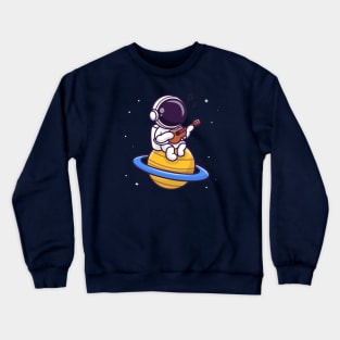 Cute Astronaut Playing Guitar On Planet Cartoon Crewneck Sweatshirt